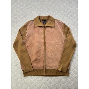 Robert Louis Sweater Mens XL Brown Suede Front Ribbed Knit Full Zip Collared